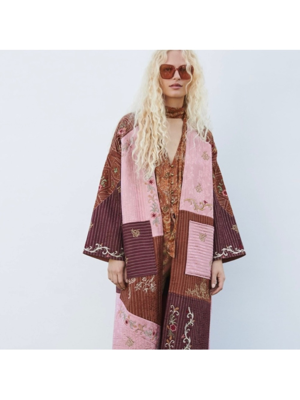 ZARA Pink & Brown Embroidered Patchwork Long Robe - Picture 2 of 6